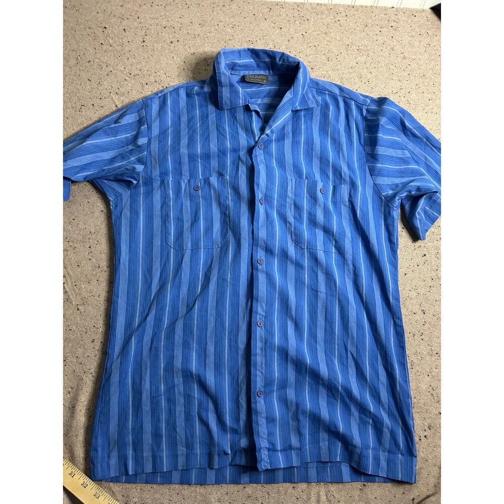 Triumph Medium Button Down Short Sleeve Shirt Blue Striped